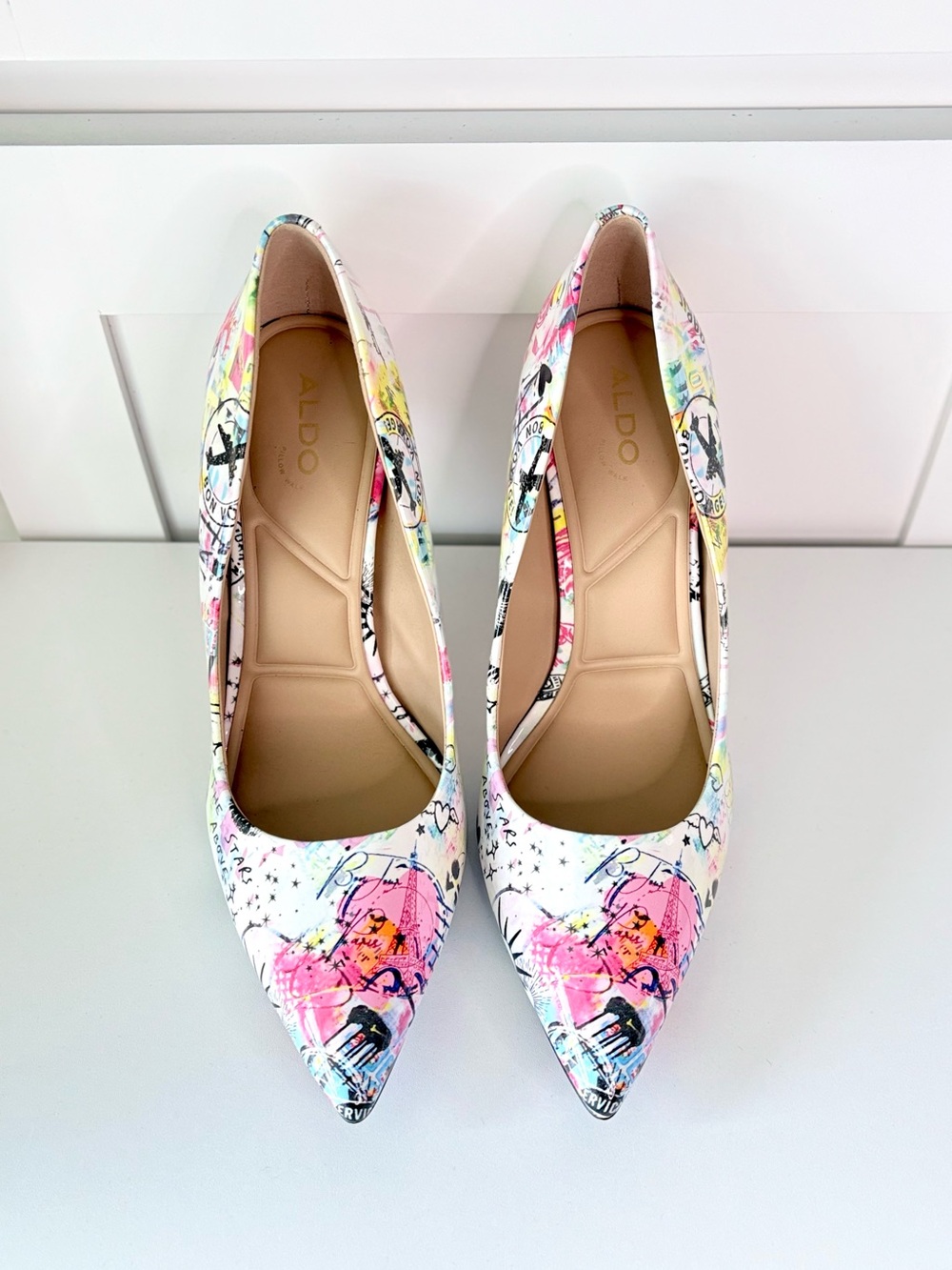 ALDO Stessy 2.0 Pillow Walk Pointed Toe Heels Graffiti Graphic